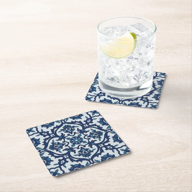 Blaues portugiesisches Azulejos Floral Tile-Muster Rechteckiger Pappuntersetzer (Vor Ort)