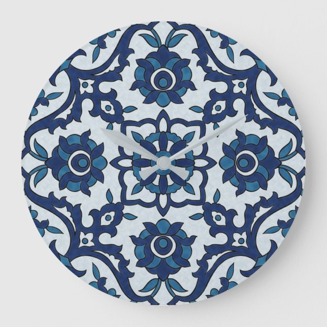 Blaues portugiesisches Azulejos-Muster Große Wanduhr (Vorderseite)