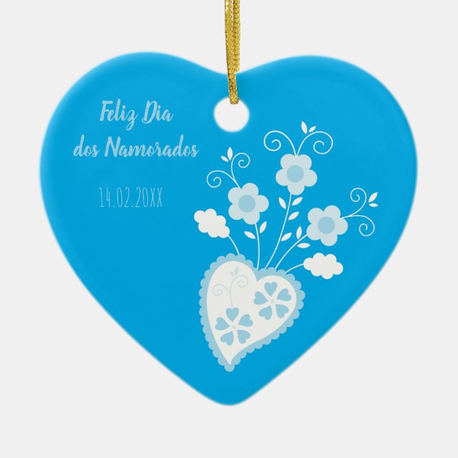 Blaues portugiesisches romantisches Herz Keramik Ornament (Vorne)
