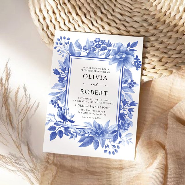 Blaues Porzellan Floral Chinoiserie Hochzeit Einladung (Von Creator hochgeladen)