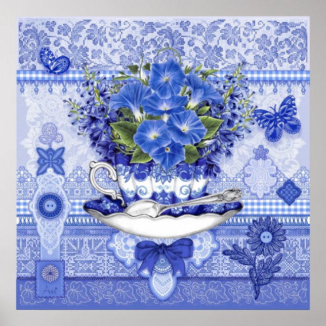 Blaues Porzellan Poster und Blume (Vorne)