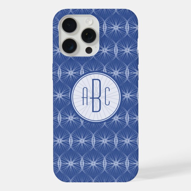 Blaues Radmuster Monogramm iPhone 15 Pro Max Hülle (Rückseite)