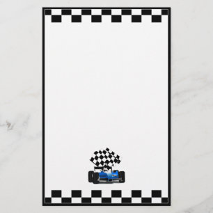 Blaues Rennfahrzeug mit Checkflagge Briefpapier