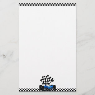Blaues Rennfahrzeug mit Checkflagge Briefpapier