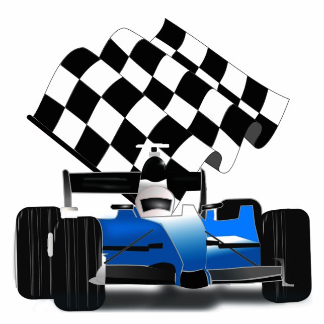 Blaues Rennfahrzeug mit Checkflagge Freistehende Fotoskulptur (Vorne)