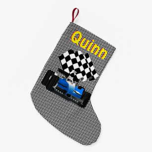 Blaues Rennfahrzeug mit Checkflagge Kleiner Weihnachtsstrumpf