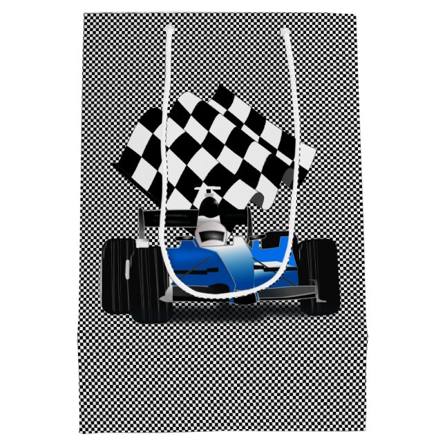 Blaues Rennfahrzeug mit Checkflagge Mittlere Geschenktüte (Rückseite)