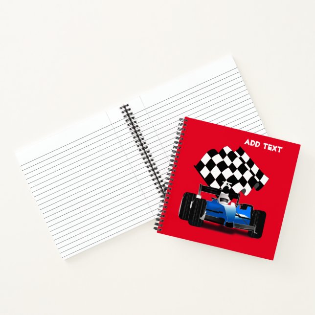 Blaues Rennfahrzeug mit Checkflagge Notizbuch (Innenseite)