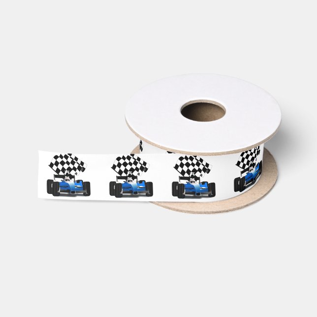 Blaues Rennfahrzeug mit Checkflagge Satinband (Spule)