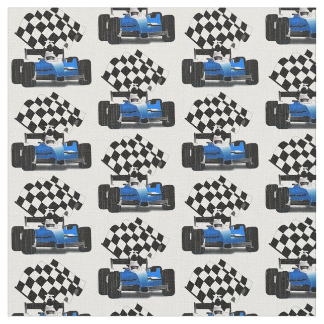 Blaues Rennfahrzeug mit Checkflagge Stoff (Nahaufnahme)