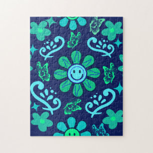 Blaues Retro-Blumen- und Sonnensymbol-Muster