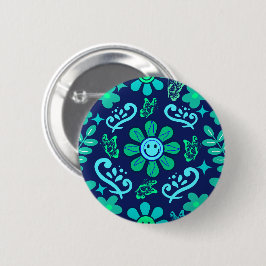 Blaues Retro-Blumen- und Sonnensymbol-Muster Button