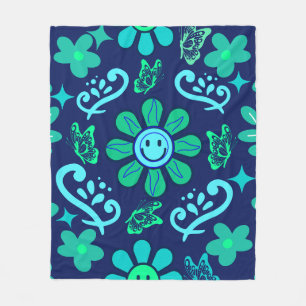 Blaues Retro-Blumen- und Sonnensymbol-Muster Fleecedecke