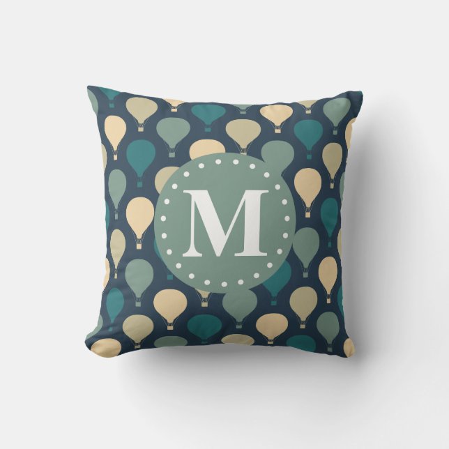 Blaues Retro-Heißluftballon-Muster Monogram Kissen (Vorderseite)