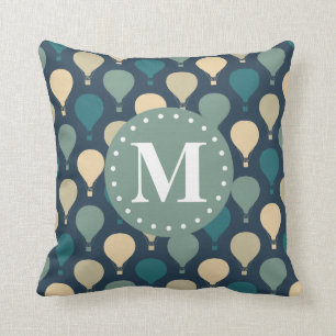 Blaues Retro-Heißluftballon-Muster Monogram Kissen