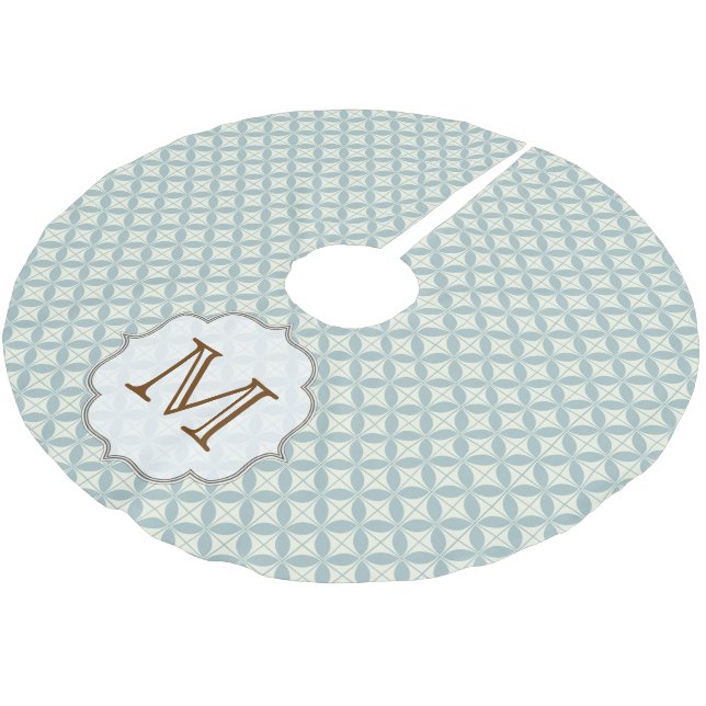 Blaues Retro Muster Monogram, anfänglicher Treppen Polyester Weihnachtsbaumdecke (Schrägansicht)