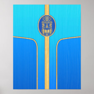 Blaues Retro-Tiki-Surfbrett Poster
