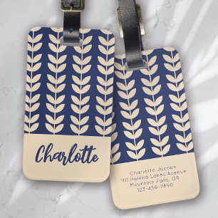 Blaues Retro-Vibe-Blattmuster-Monogramm Gepäckanhänger
