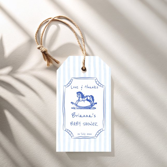 Blaues Rockpferd-Sketch Baby Dusche Gefallen Geschenkanhänger (Blue rocking handrawn horse sketch baby shower personalized favor gift tags)