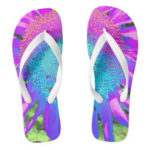 Blaues rosa funky retro Sonnenblumenfoto Flip Flops