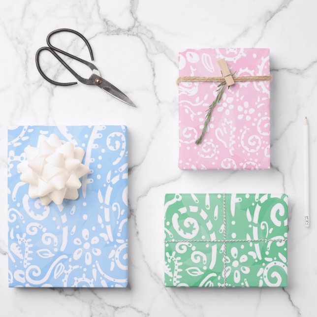 Blaues, rosa und grünes Paisley Wrapping Paper Geschenkpapier Set (Vorderseite)