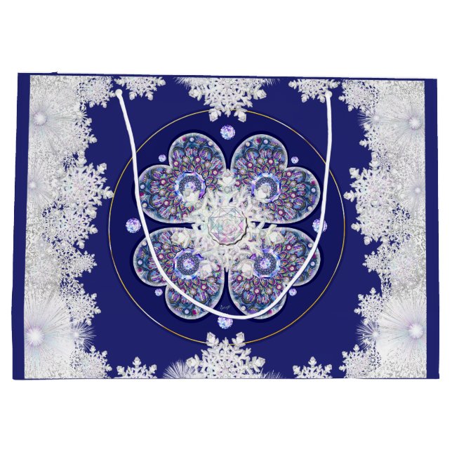 Blaues Rosass und Schneeflocken Große Geschenktüte (Rückseite)