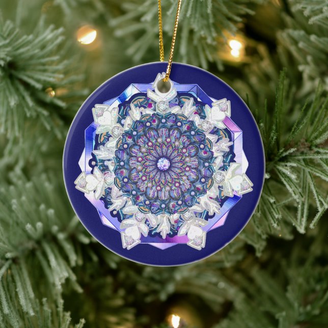 Blaues Rosass und Schneeflocken Keramik Ornament (Baum)