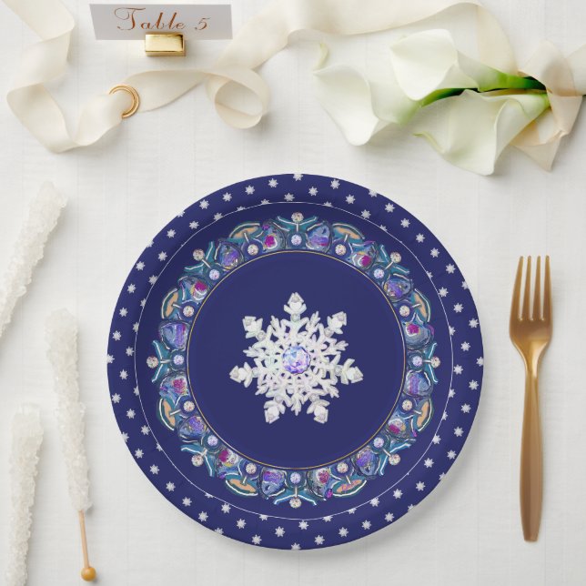 Blaues Rosass und Schneeflocken Pappteller (Hochzeit)