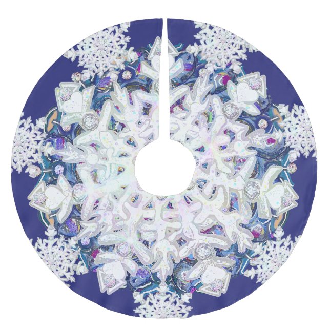 Blaues Rosass und Schneeflocken Polyester Weihnachtsbaumdecke (Vorderseite)