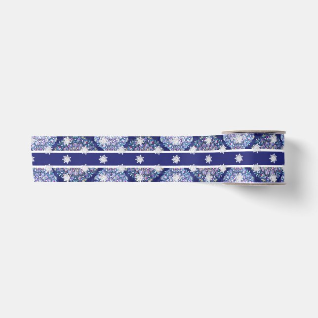 Blaues Rosass und Schneeflocken Satinband (Vorderseite)