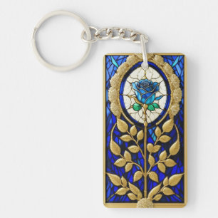 Blaues Rose-Design aus festem Glas Schlüsselanhänger