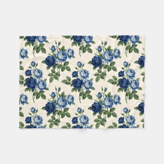 Blaues Rosen-Blumenmuster Fleecedecke (Vorderseite (Horizontal))