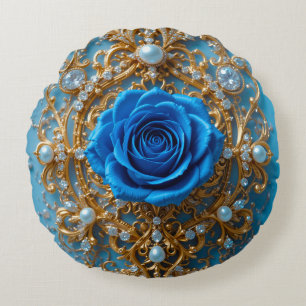 💙 Blaues Rosen-Gold-Ornament für glamouröse Heimd Rundes Kissen