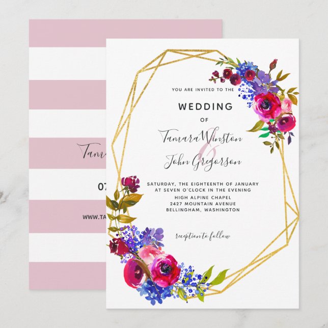 Blaues Rosen-Goldgeometrische Hochzeit Burgunders Einladung (Vorne/Hinten)