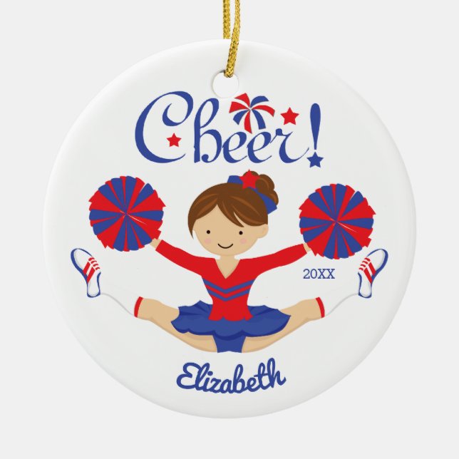 Blaues Rot-Beifall-brünette Cheerleader Keramik Ornament (Vorne)