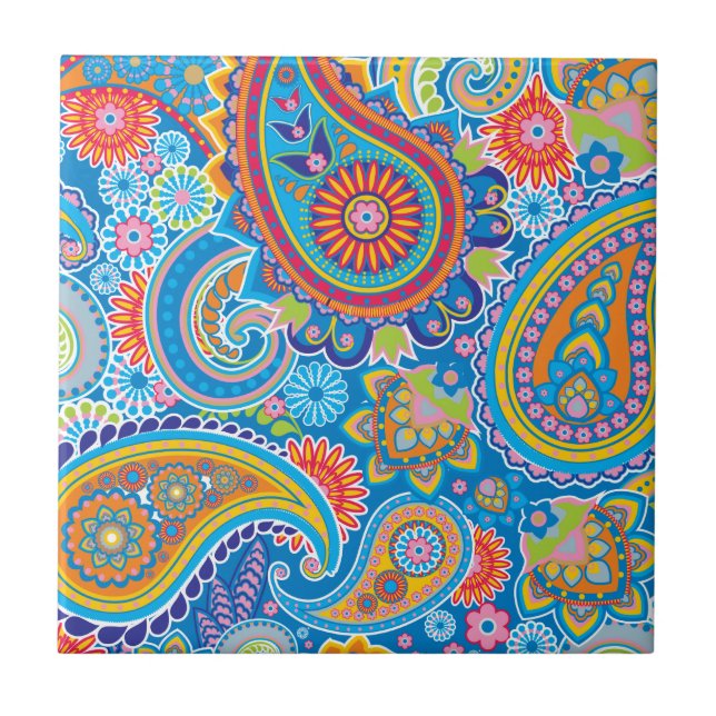 Blaues, rotes, orange und gelbes Paisley Fliese (Vorderseite)