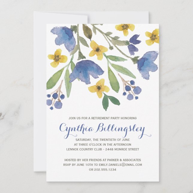 Blaues Ruhestands-Party der Watercolor-Blumen-| Einladung (Vorderseite)