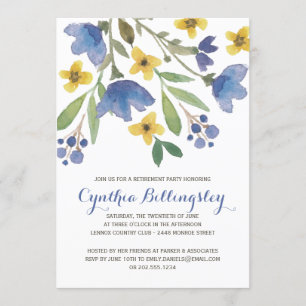 Blaues Ruhestands-Party der Watercolor-Blumen- Einladung