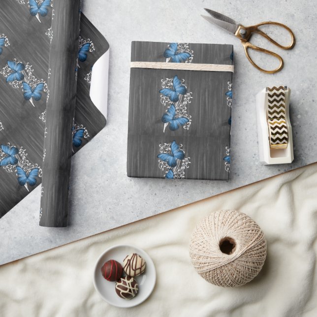 Blaues Rustikales Butterfly-Hochzeitspapier Geschenkpapier (Basteln)