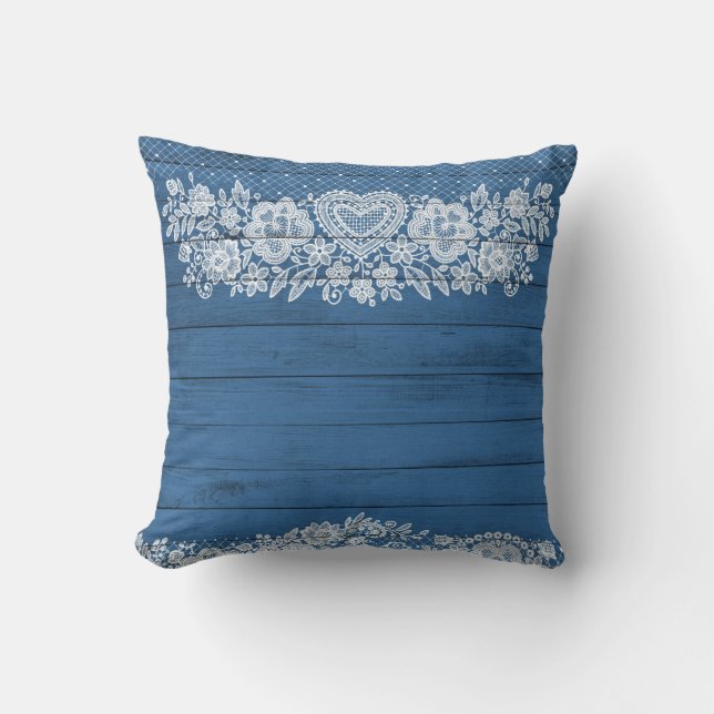 Blaues Rustikales Holz und Weiße Spitzen Lacy Baue Kissen (Vorderseite)