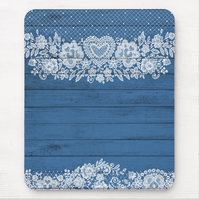 Blaues Rustikales Holz und Weiße Spitzen Lacy Baue Mousepad (Vorne)