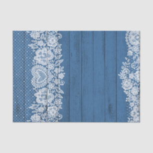 Blaues Rustikales Holz und Weiße Spitzen Lacy Baue Seidenpapier