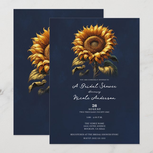 Blaues rustikales SonnenblumenBrautparty Einladung (Vorne/Hinten)