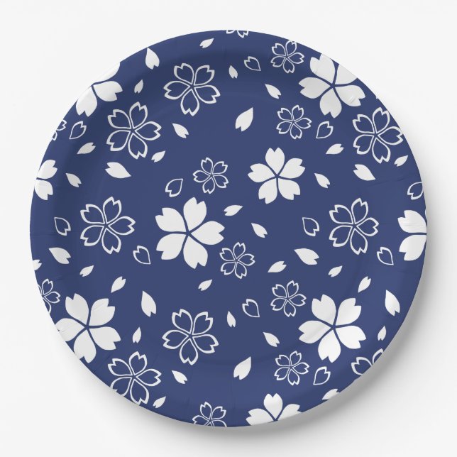 Blaues Sakura-Muster Pappteller (Vorderseite)