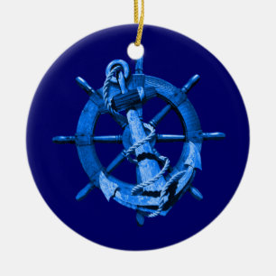 Blaues Schiffssteuer und Anker nautisch Keramikornament