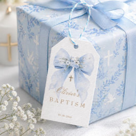 Blaues Schleifen-Jungen-Taufgeschenk-Tag Geschenkanhänger