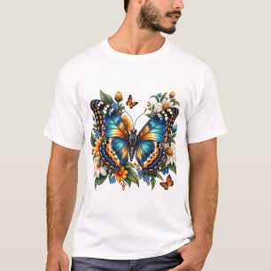 Blaues Schmetterlings-Blumen-T-Shirt T-Shirt