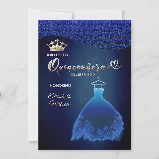 Blaues Schmetterlingskleid damask tiara Quince Einladung (Vorderseite)