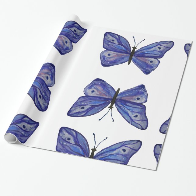 Blaues Schmetterlingsverpackungspapier, 30 x 2 m Geschenkpapier (Ungerollt)