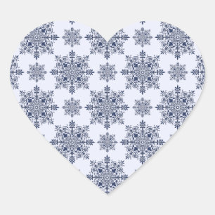 Blaues Schneeflocken-Damaskatmuster Herz-Aufkleber